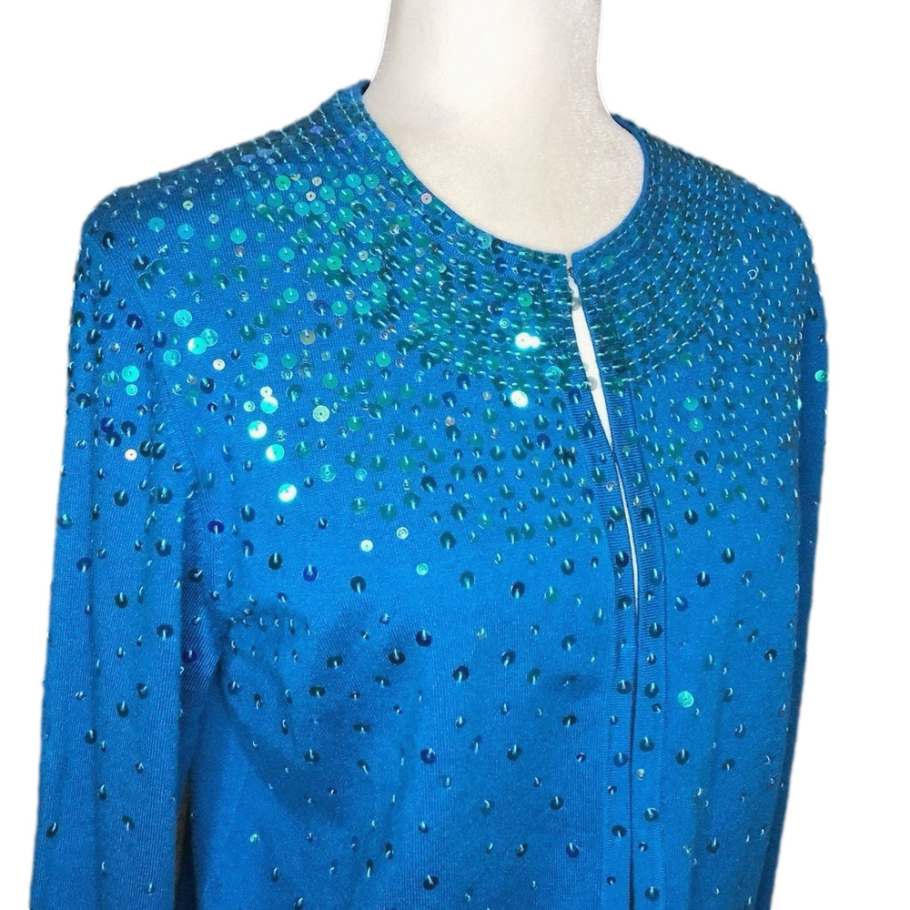 Chico's blue sequin silk cardigan